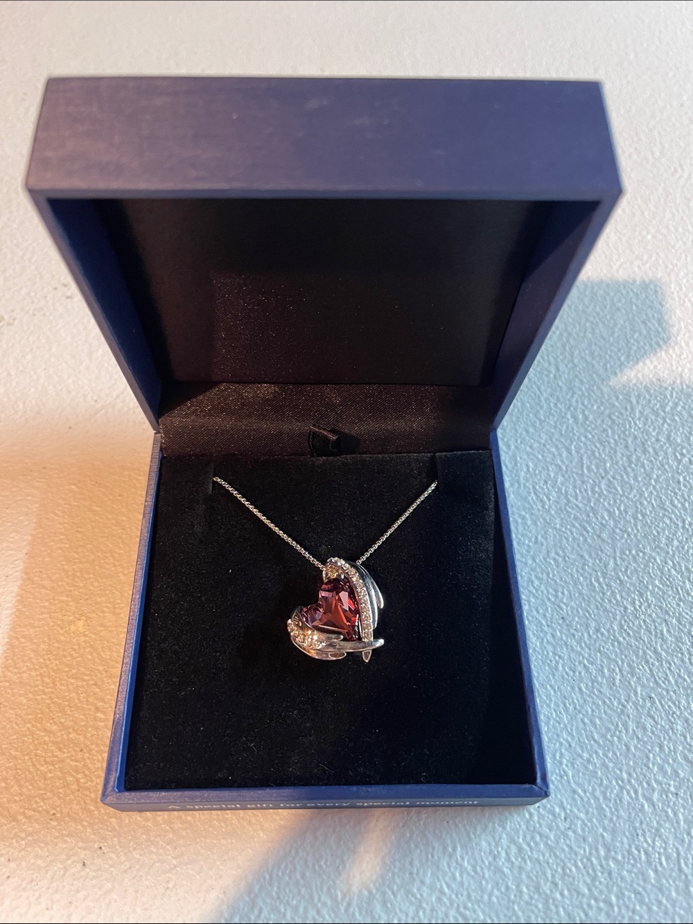 Silver Heart Pendant Necklace with pink Gem